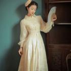 Set: Frog-button Lace Midi Coat + Midi A-line Skirt