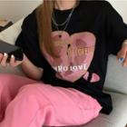 Elbow-sleeve Heart Print T-shirt / Plain Wide-leg Pants