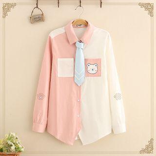 Long Sleeve Color Block Bear Print Shirt