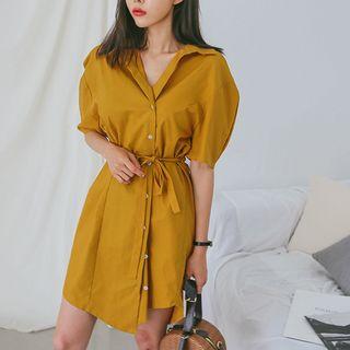Puff-sleeve Drawcord-waist Shirtdress
