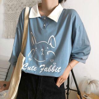 Elbow-sleeve Rabbit Print Polo Shirt