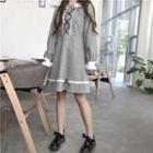 Checked Contrast Trim Long-sleeve A-line Dress Gray - One Size