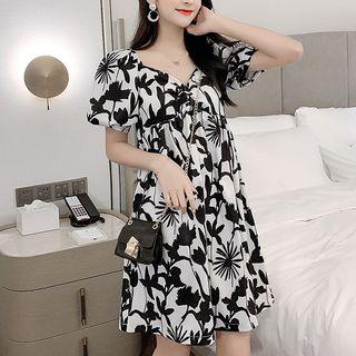 Puff-sleeve Crinkled Patterned A-line Mini Dress