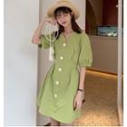 Single-breasted Short-sleeve A-line Dress Green - One Size