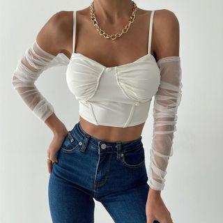 Long-sleeve Cold-shoulder Mesh Panel Top