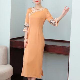 3/4-sleeve Crane Embroidered Midi Sheath Dress