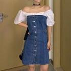 Puff-sleeve Denim Panel Top / Mini A-line Dress