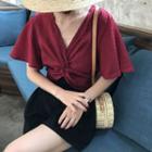 Plain Knot Front Elbow Sleeve T-shirt