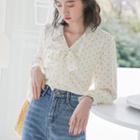 Long-sleeve Tie-neck Doted Chiffon Blouse