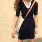 Short-sleeve Contrast Collar Knit Dress