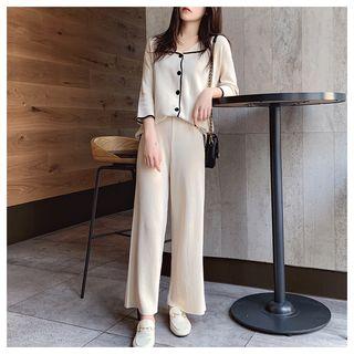 Set: Contrast Trim 3/4-sleeve Cardigan + Wide-leg Knit Pants
