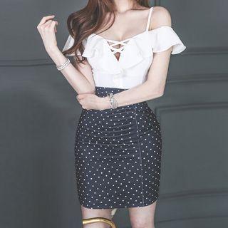 Mock Two-piece Short-sleeve Cold Shoulder Dotted Mini Bodycon Dress