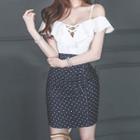 Mock Two-piece Short-sleeve Cold Shoulder Dotted Mini Bodycon Dress