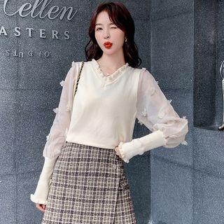 Lantern-sleeve Frill Trim Knit Top
