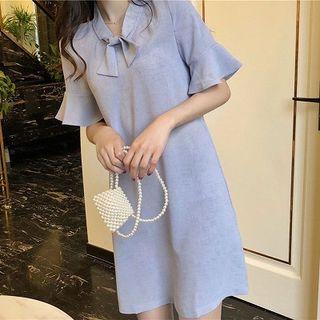 Tie-neck Flared-sleeve Shift Dress As Shown In Figure - One Size