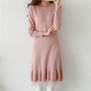 Frilled Tulle-layered Knit Dress