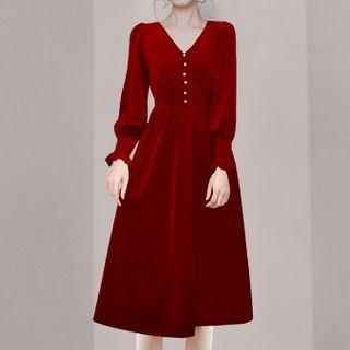 V-neck Buttoned Pleuche Midi Dress