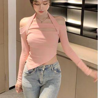 Off-shoulder Cutout Asymmetrical Halter Top Pink - One Size