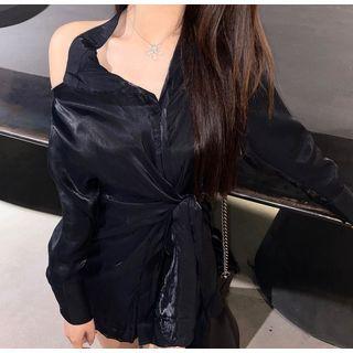 Long-sleeve Lace-up Plain Shirt Black - One Size