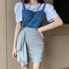 Short Sleeve Plain T-shirt / Denim Cropped Sleeveless Top / Ruched Mini Fitted Skirt