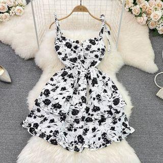 Bow Strap Floral Print A-line Mini Dress