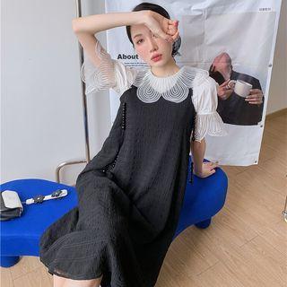 Short-sleeve Lace Trim Midi Smock Dress