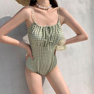Drawstring Plaid Swimsuit