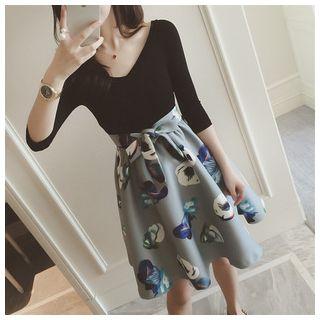 V-neck Mock Two-piece Print Dress