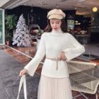 Set: Turtleneck Sweater + Sheer Midi Skirt + Belt