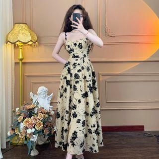 Plain Cardigan / Spaghetti-strap Floral A-line Dress (various Designs)