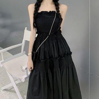 Strapless Plain Ruffled Maxi A-line Dress