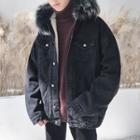 Faux Fur-trim Fleece-lined Hooded Denim Jacket