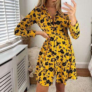 Floral Print Long Sleeve Mini Shirtdress