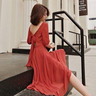 Short-sleeve Lace-up Back Dress