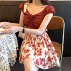 Short-sleeve Drawstring Cropped Top / High-waist Floral Pleated Skirt / High-waist Plaid Pleated Skirt