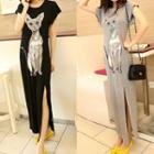 Short-sleeve Cat Print Maxi T-shirt Dress
