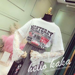 Lace Panel Long-sleeve Lettering T-shirt