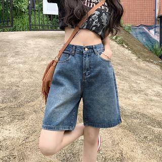 High Waist Plain Denim Loose-fit Shorts