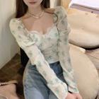 Long-sleeve Square Neck Floral Blouse Floral - Almond - One Size