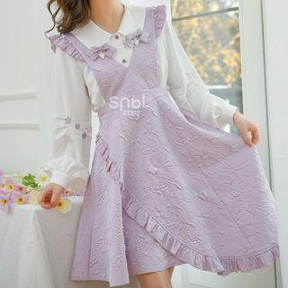 Frill Trim Mini Overall Dress / Long-sleeve Bow Blouse