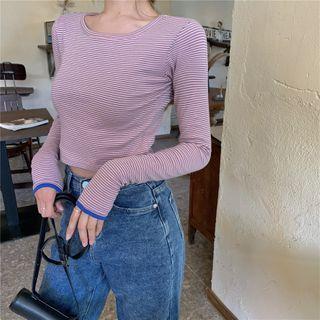 Long-sleeve Striped Cropped Top Stripe - One Size