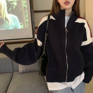 Stand Collar Color Block Zip-up Cardigan Black - One Size