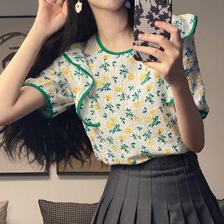 Floral Ruffle Puff-sleeve Short-sleeve Top