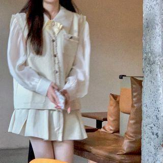 Long-sleeve Plain Shirt / Plain Vest / Pleated Mini Skirt