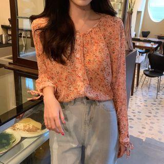 Long-sleeve Floral Print Top Red - One Size