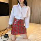 Plain Cropped Shirt / Plaid High-waist Mini A-line Skirt