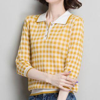 3/4-sleeve Plaid Knit Polo Shirt