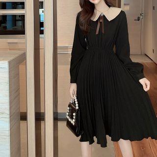 Collared Long-sleeve Pleated Midi Dress