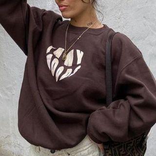 Long Sleeve Heart Print Loose-fit Sweatshirt