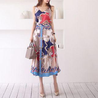 Set: Spaghetti Strap Print Top + Midi A-line Skirt